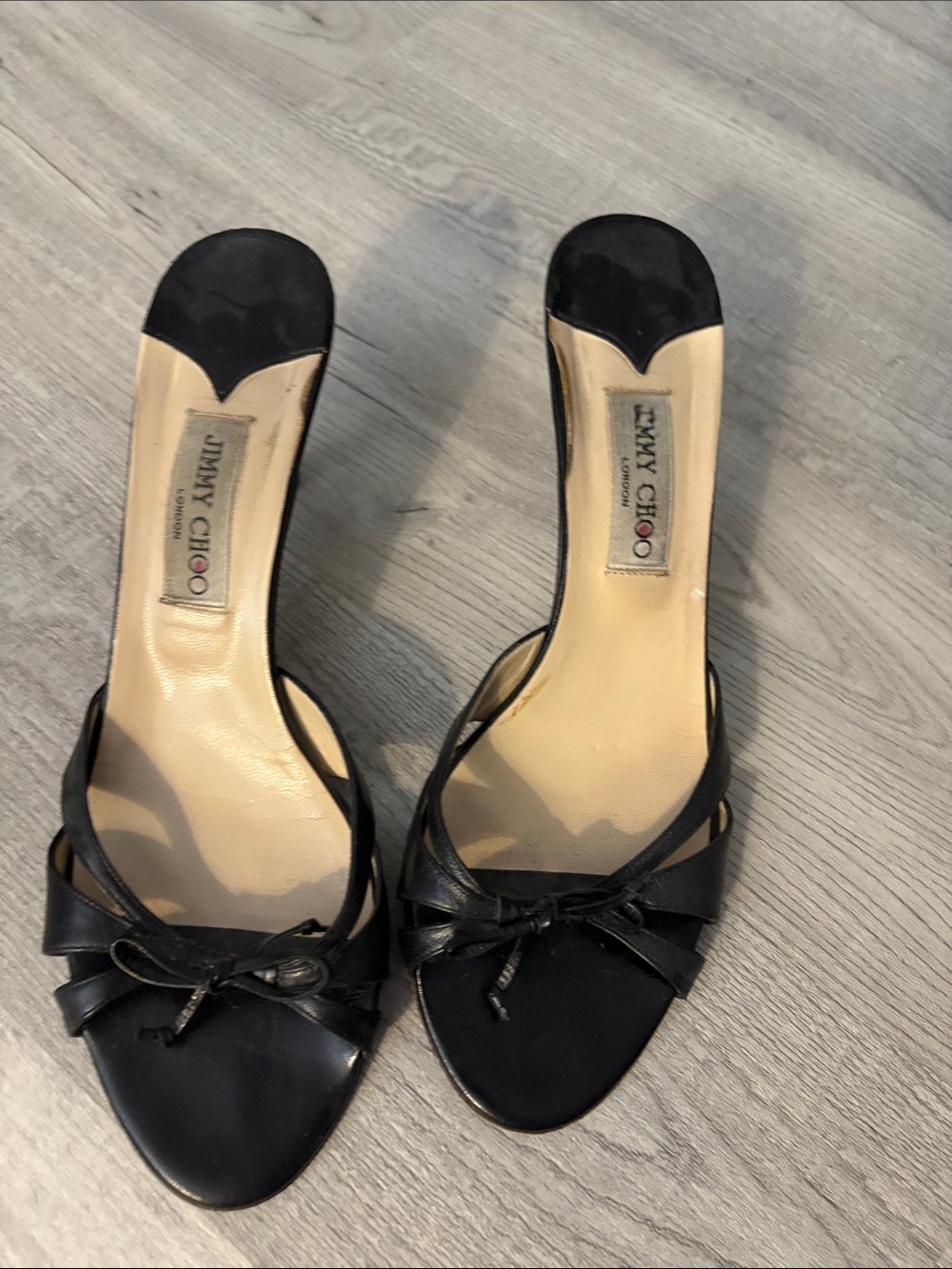 Jimmy Choo Black Leather Bow Open-Toe Heels